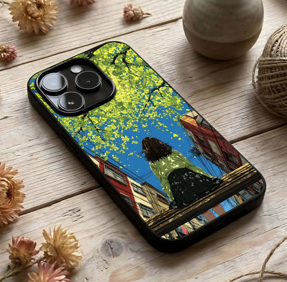 Golden Leaves Glow Glass Case photographed in natural light showing reflective finish and organic depth.