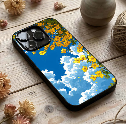 Golden Petal Sky Glass Case photographed in natural light showing reflective finish and airy depth.