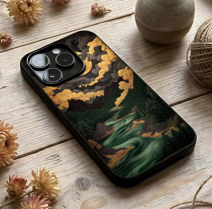 Golden River Moon Glass Case photographed in natural light showing reflective finish and tranquil depth.