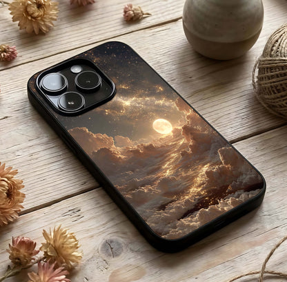 Golden Sky Dream Glass Case photographed in natural light showing reflective finish and serene depth.