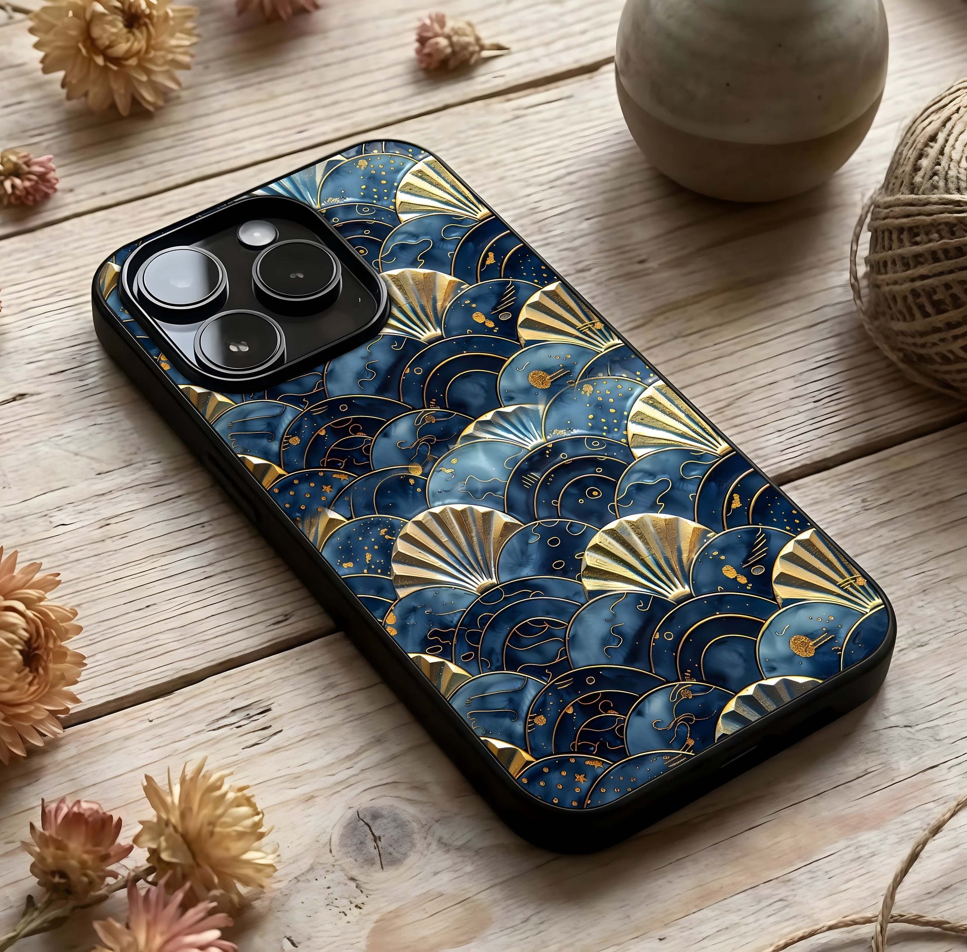Golden Wave Luxe Glass Case photographed in natural light showing reflective finish and rich depth.