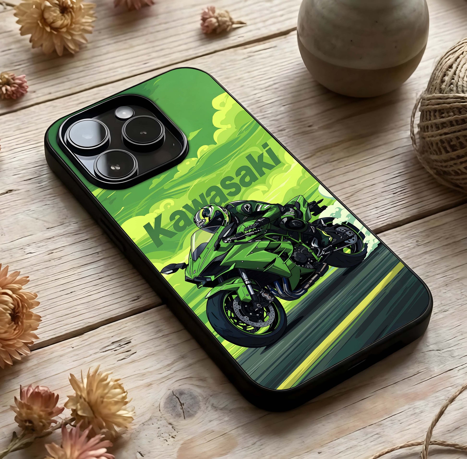 Green Kawasaki Glass Case photographed in natural light showing reflective finish and powerful depth.