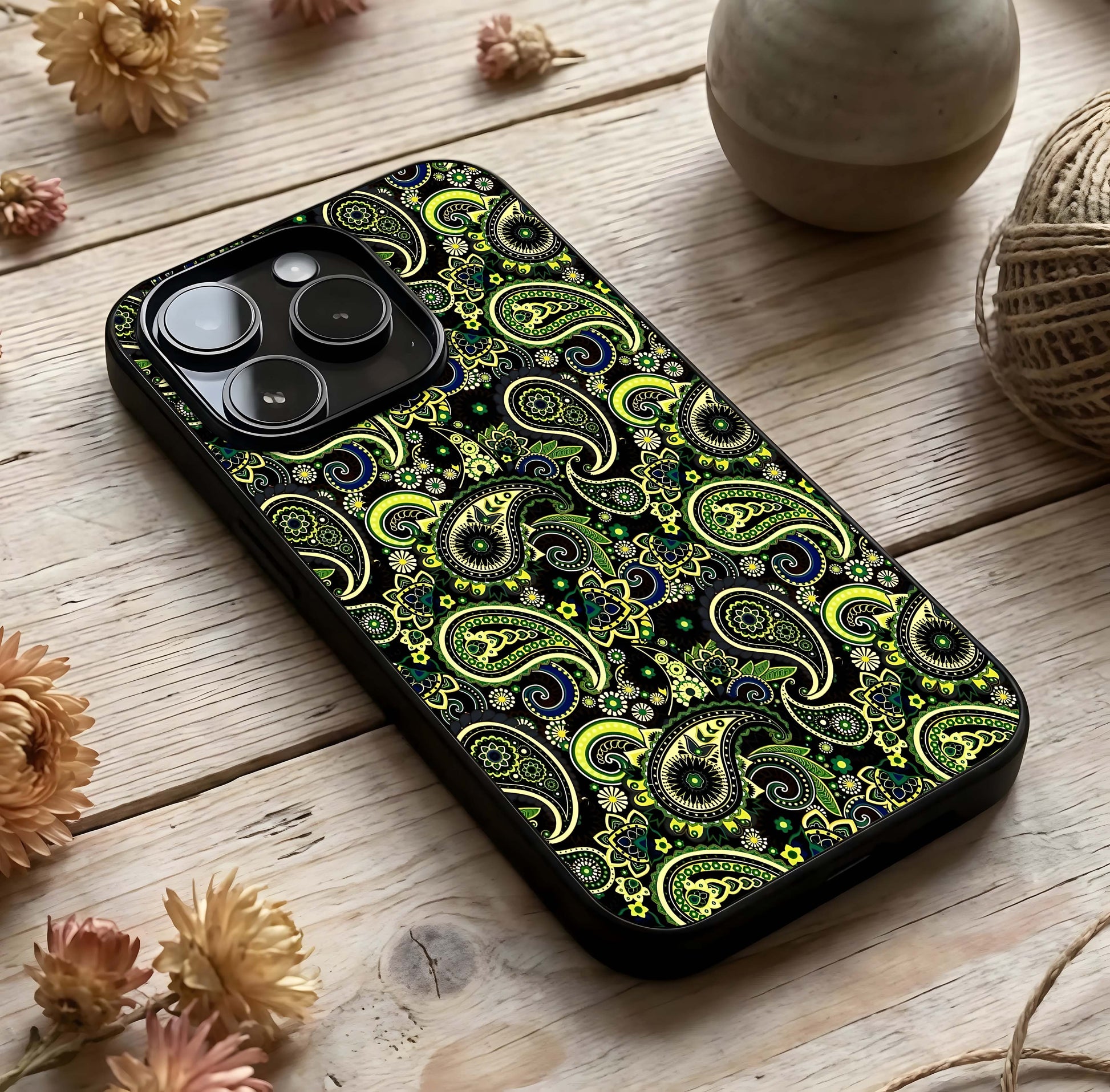 Green Mandala Pattern Glass Case photographed in natural light showing reflective finish and spiritual depth.