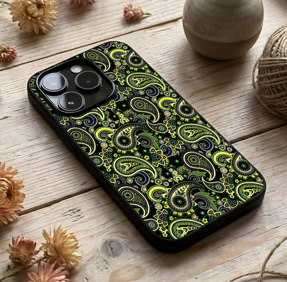 Green Mandala Pattern Glass Case photographed in natural light showing reflective finish and spiritual depth.