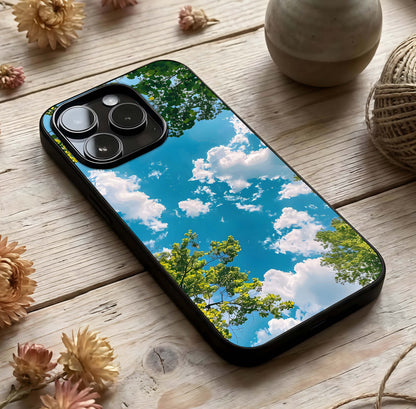 Greenery Sky Glass Case photographed in natural light showing reflective finish and fresh depth.