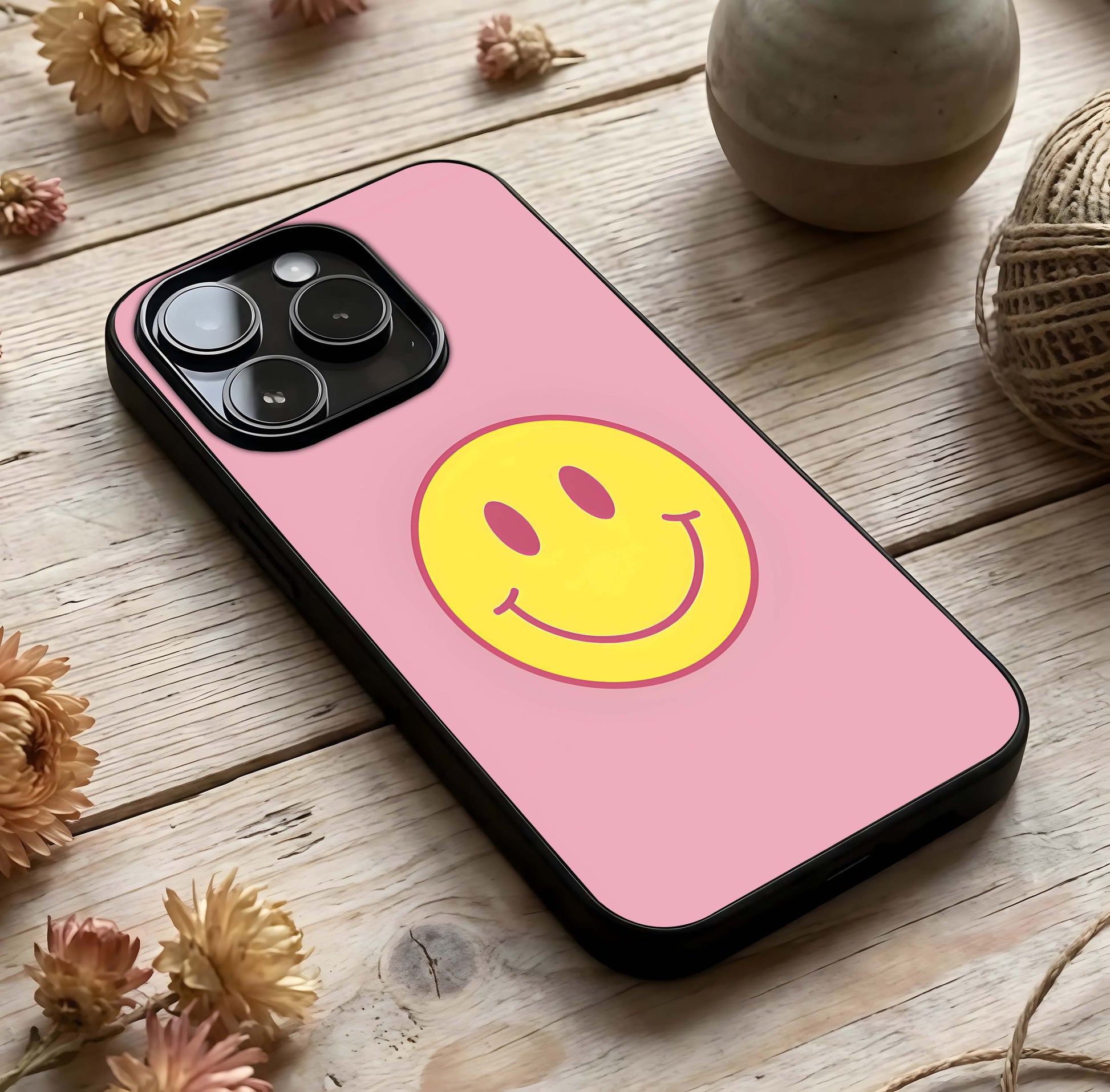 Happy Pink Mood Glass Case photographed in natural light showing reflective finish and sweet depth.