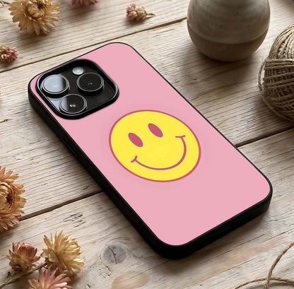Happy Pink Mood Glass Case photographed in natural light showing reflective finish and sweet depth.