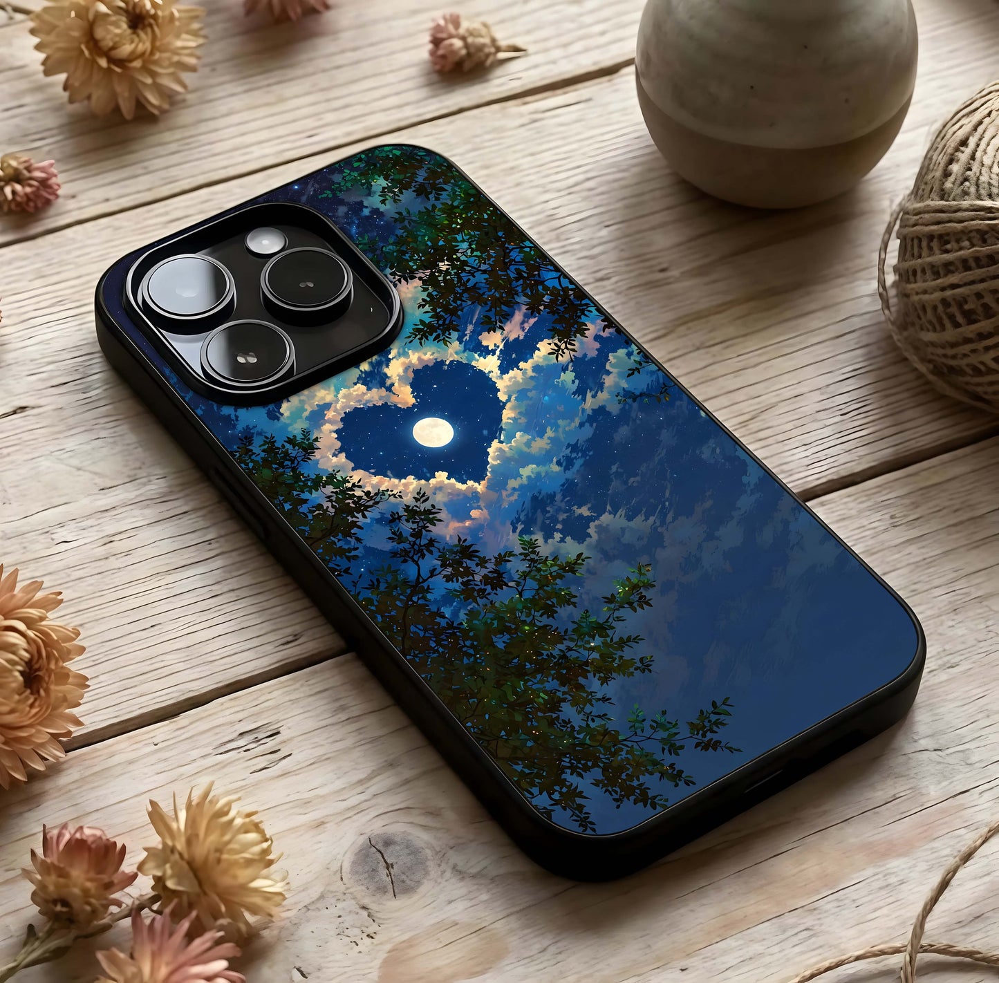 Heart with Moon Sky Glass Case photographed in natural light showing reflective finish and dreamy depth.