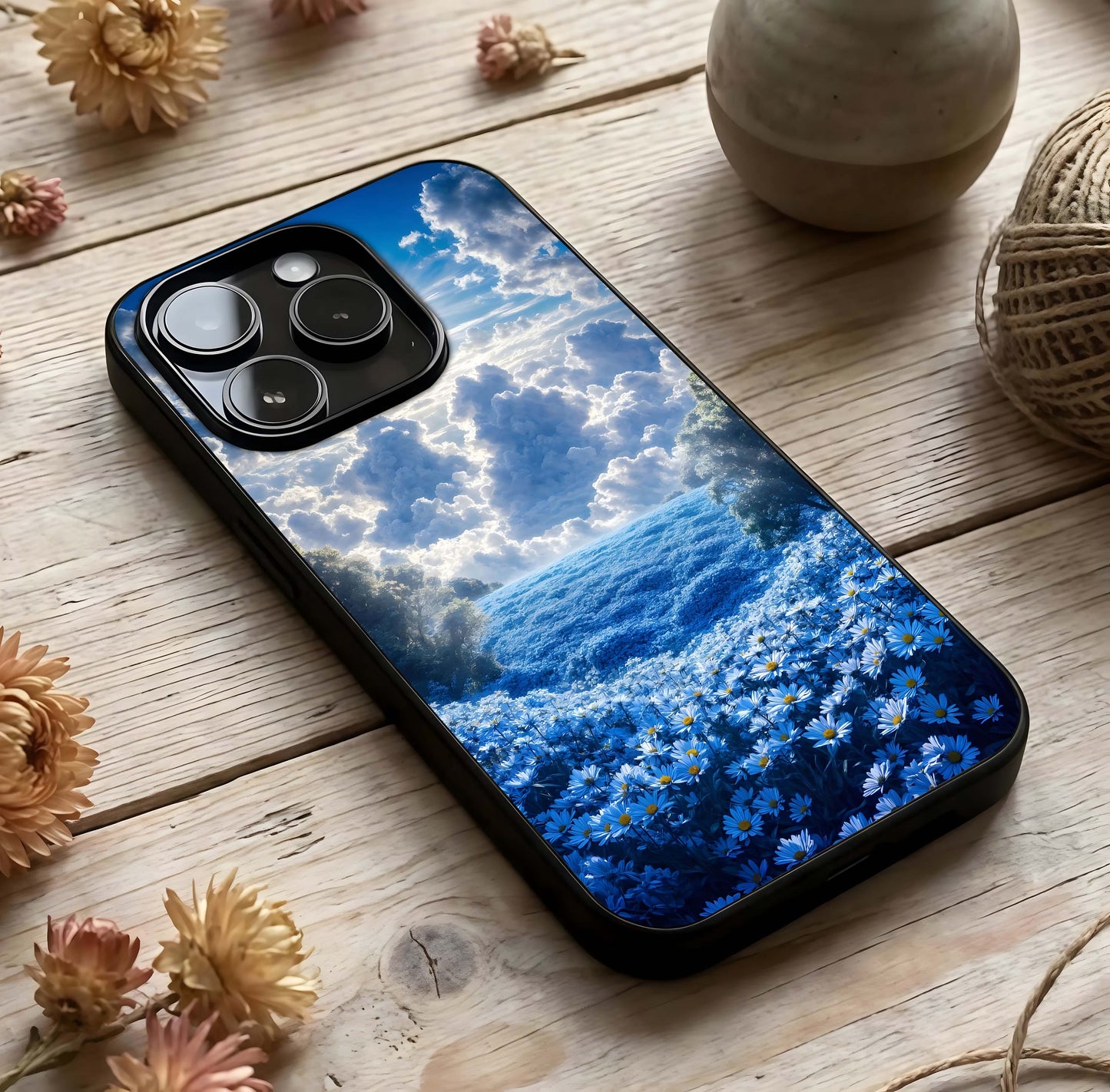 Heavenly Daisy Horizon Glass Case photographed in natural light showing reflective finish and serene depth.