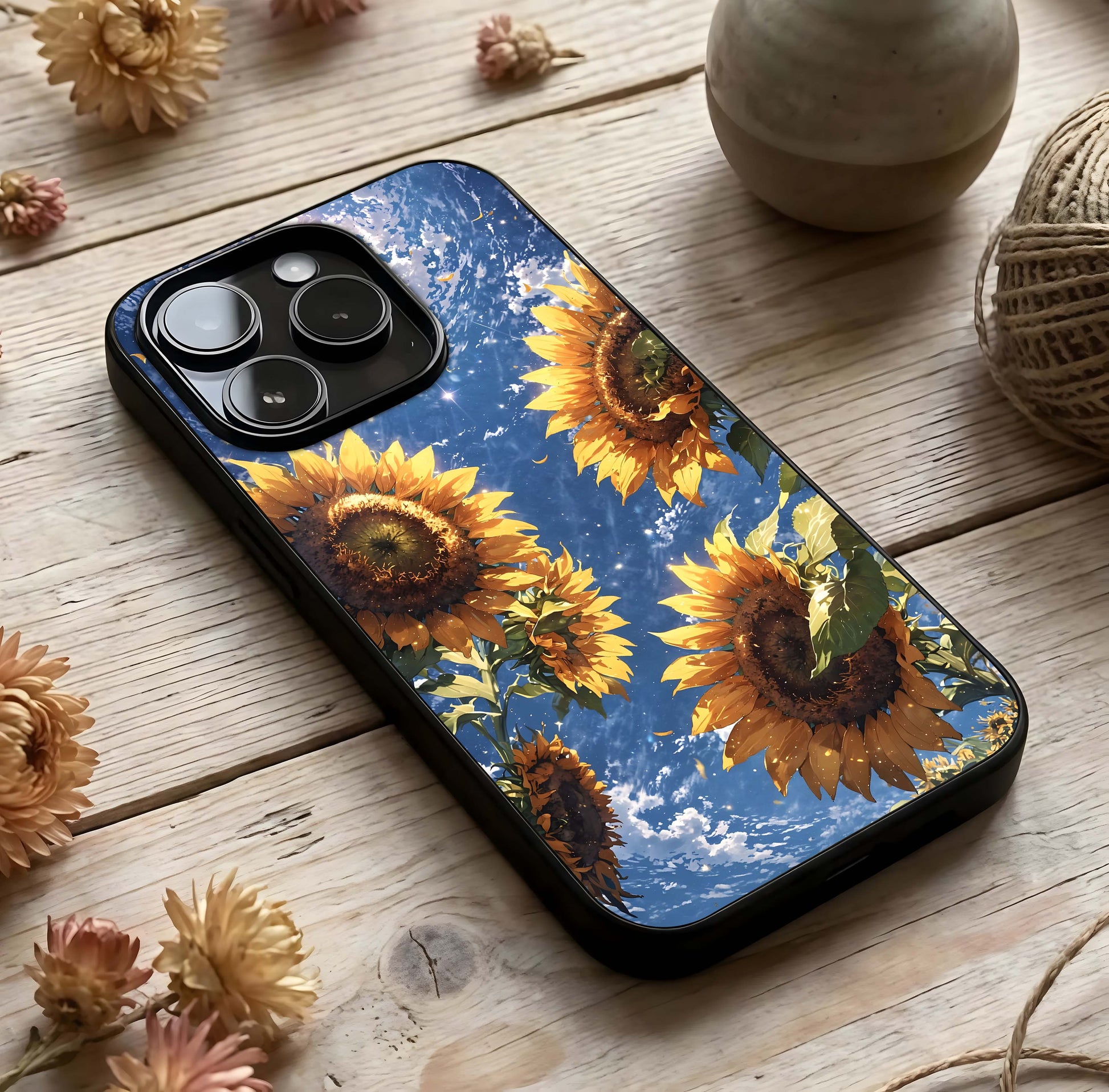 Heavenly Sunflower Rise Glass Case photographed in natural light showing reflective finish and uplifting depth.