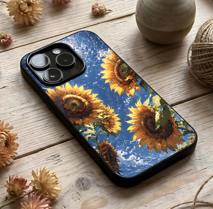 Heavenly Sunflower Rise Glass Case photographed in natural light showing reflective finish and uplifting depth.