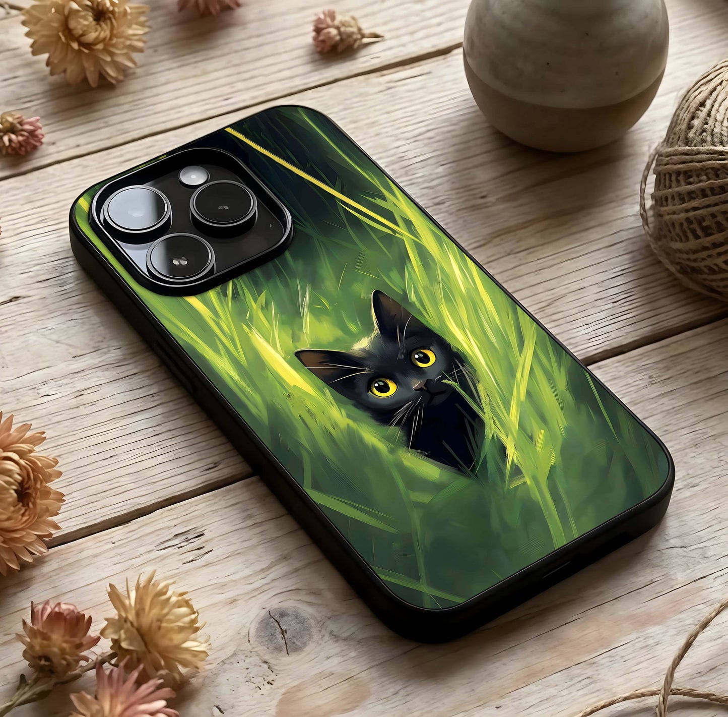 Hidden Cat Whisper Glass Case photographed in natural light showing reflective finish and gentle depth.