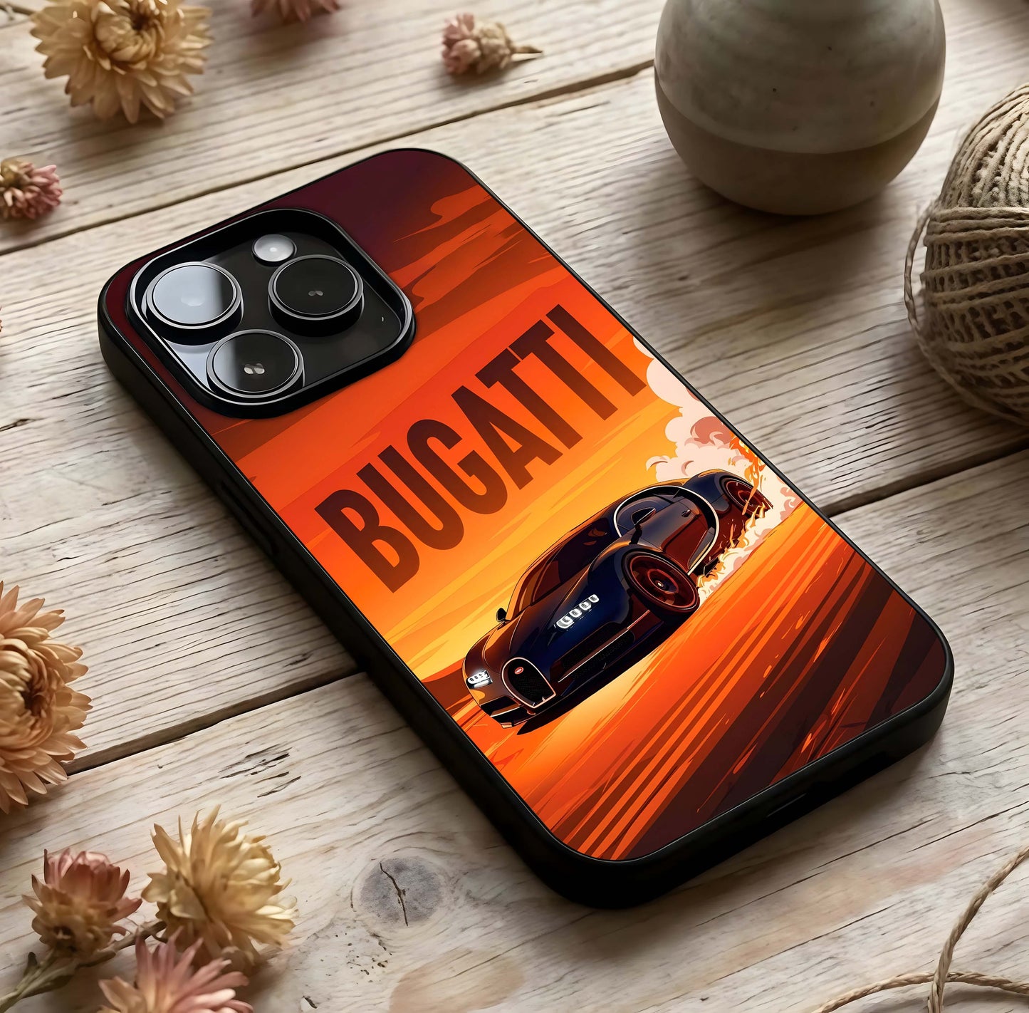 Inferno Bugatti Storm Glass Case photographed in natural light showing reflective finish and intense depth.