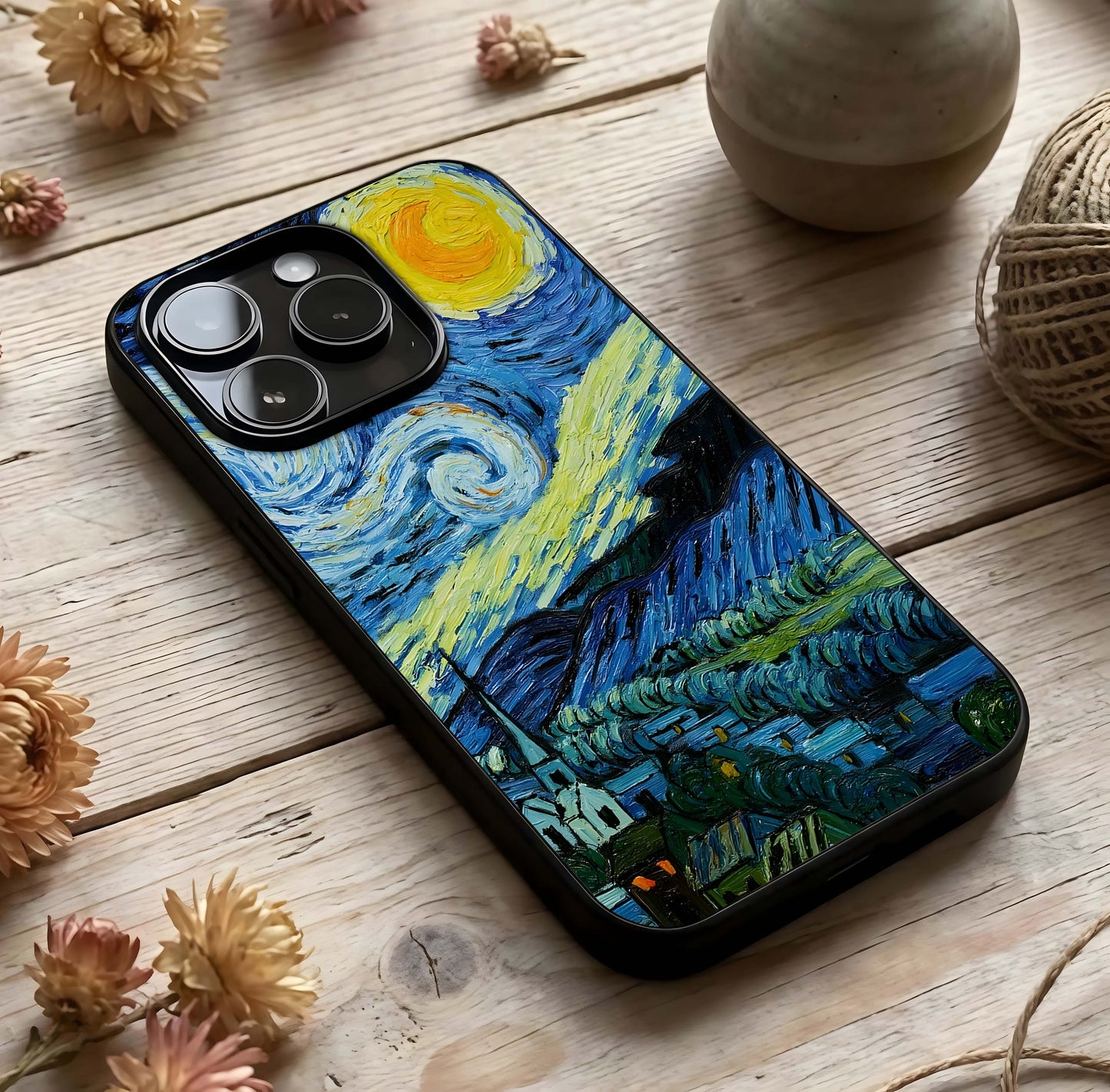 Inspired Van Gogh Art Glass Case photographed in natural light showing reflective finish and artistic depth.