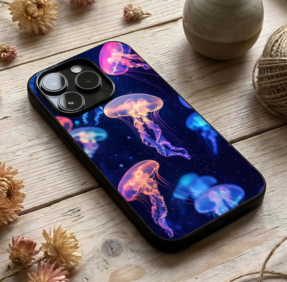Jellyfish Pattern Glass Case photographed in natural light showing reflective finish and oceanic depth.