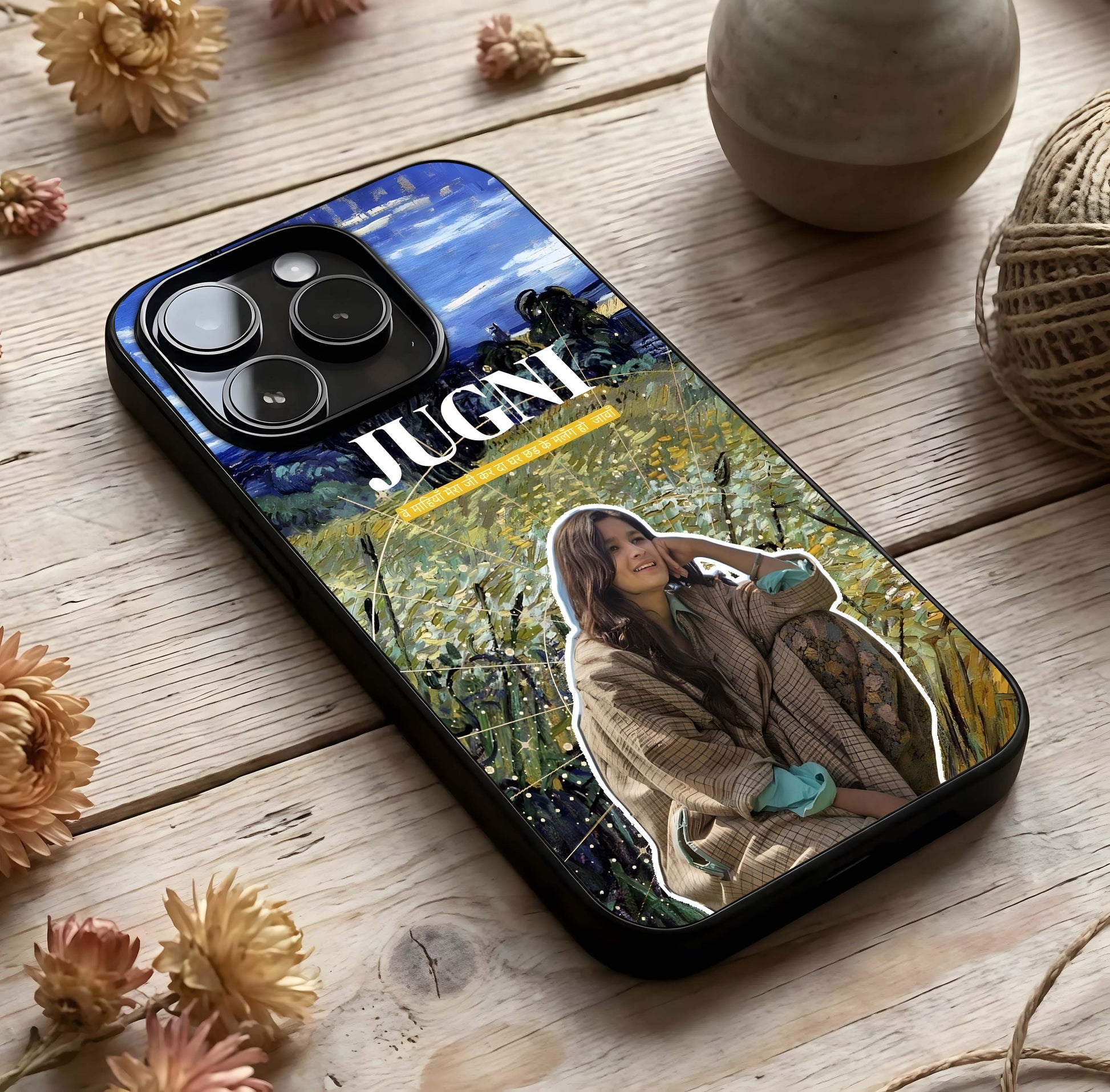 Jugni Soul Vibes Glass Case photographed in natural light showing reflective finish and soulful depth.