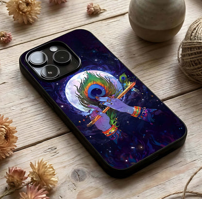 Krishna Hands Art Glass Case photographed in natural light showing reflective finish and sacred depth.