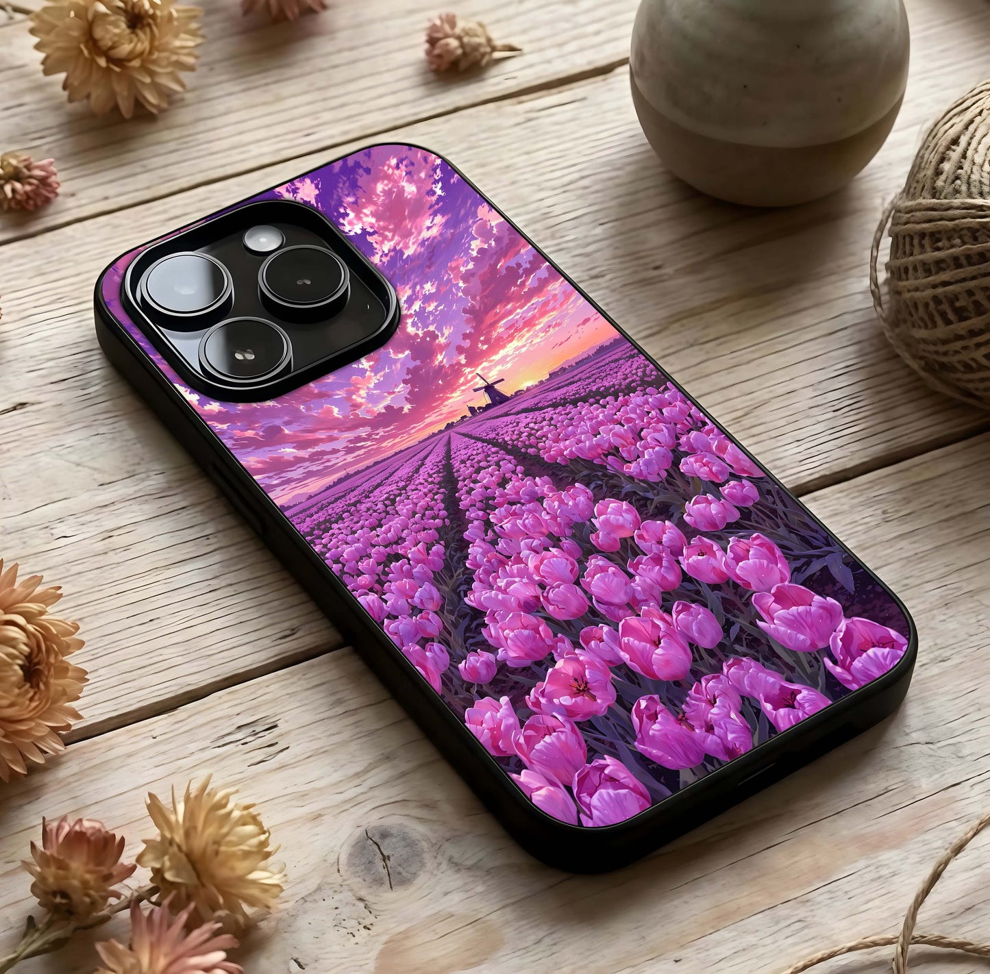 Lavender Dream Skies Glass Case photographed in natural light showing reflective finish and calming depth.
