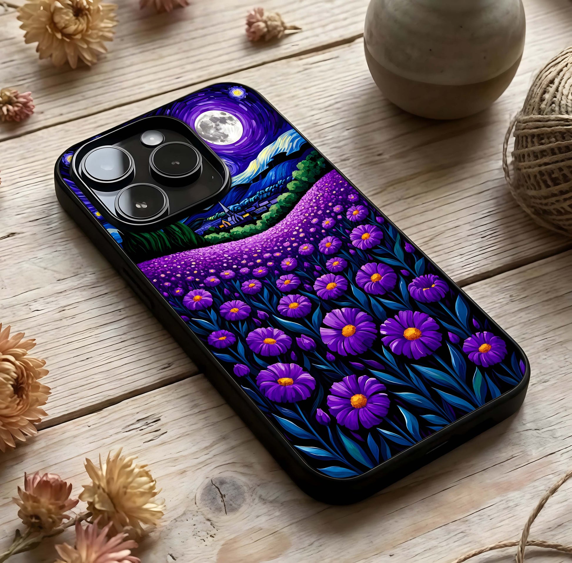 Lavender Moon Field Glass Case photographed in natural light showing reflective finish and tranquil depth.