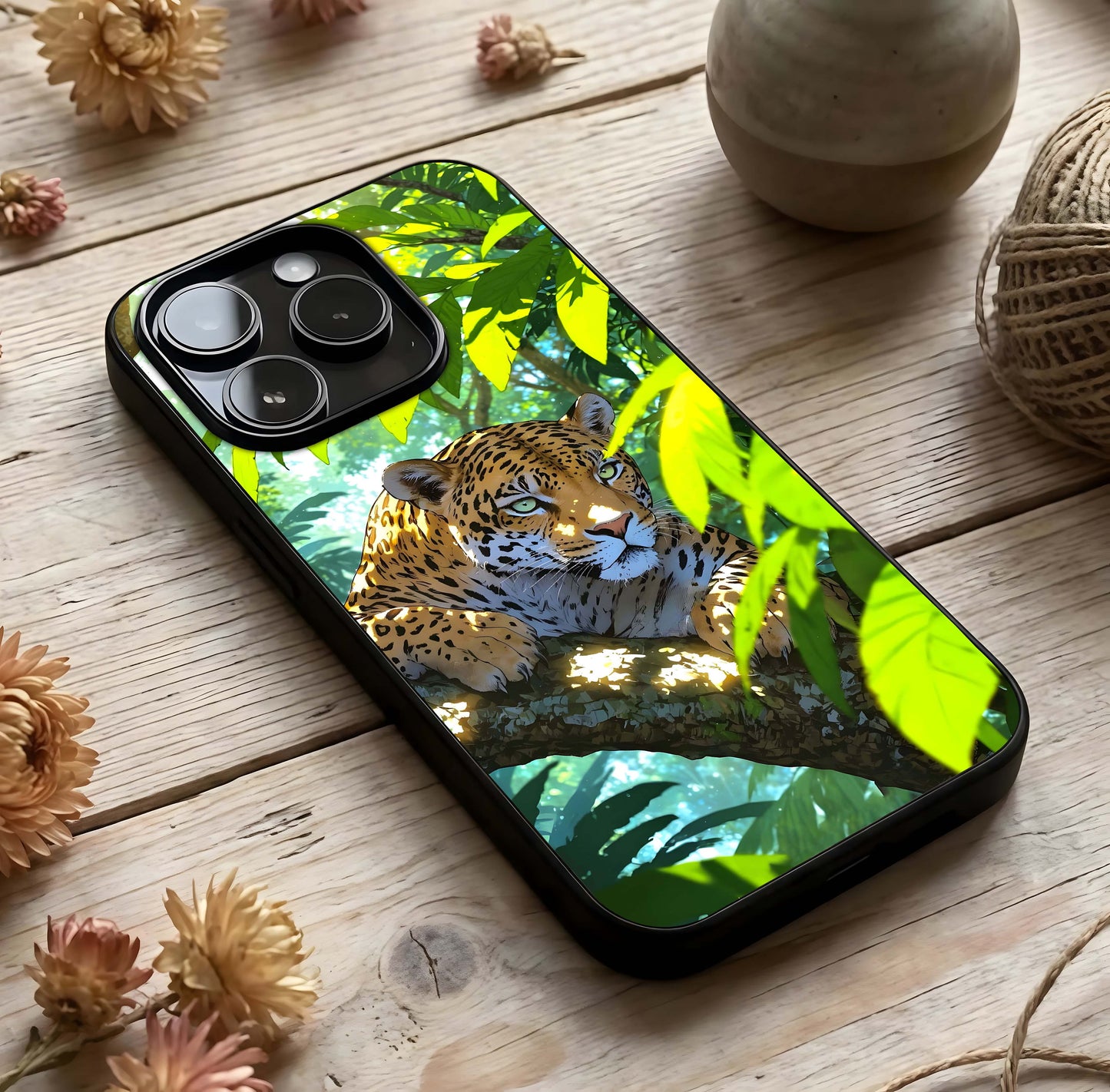 Leopard in Jungle Glass Case photographed in natural light showing reflective finish and wild depth.