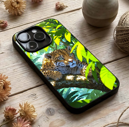 Leopard in Jungle Glass Case photographed in natural light showing reflective finish and wild depth.