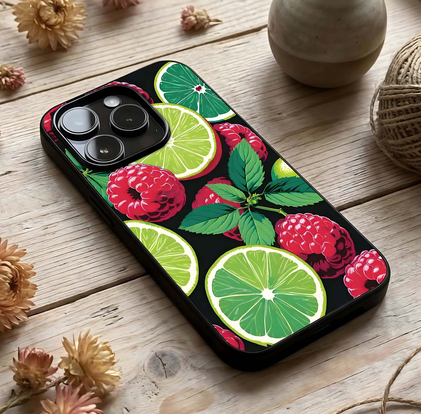 Lime and Raspberry Pattern Glass Case photographed in natural light showing reflective finish and fresh depth.