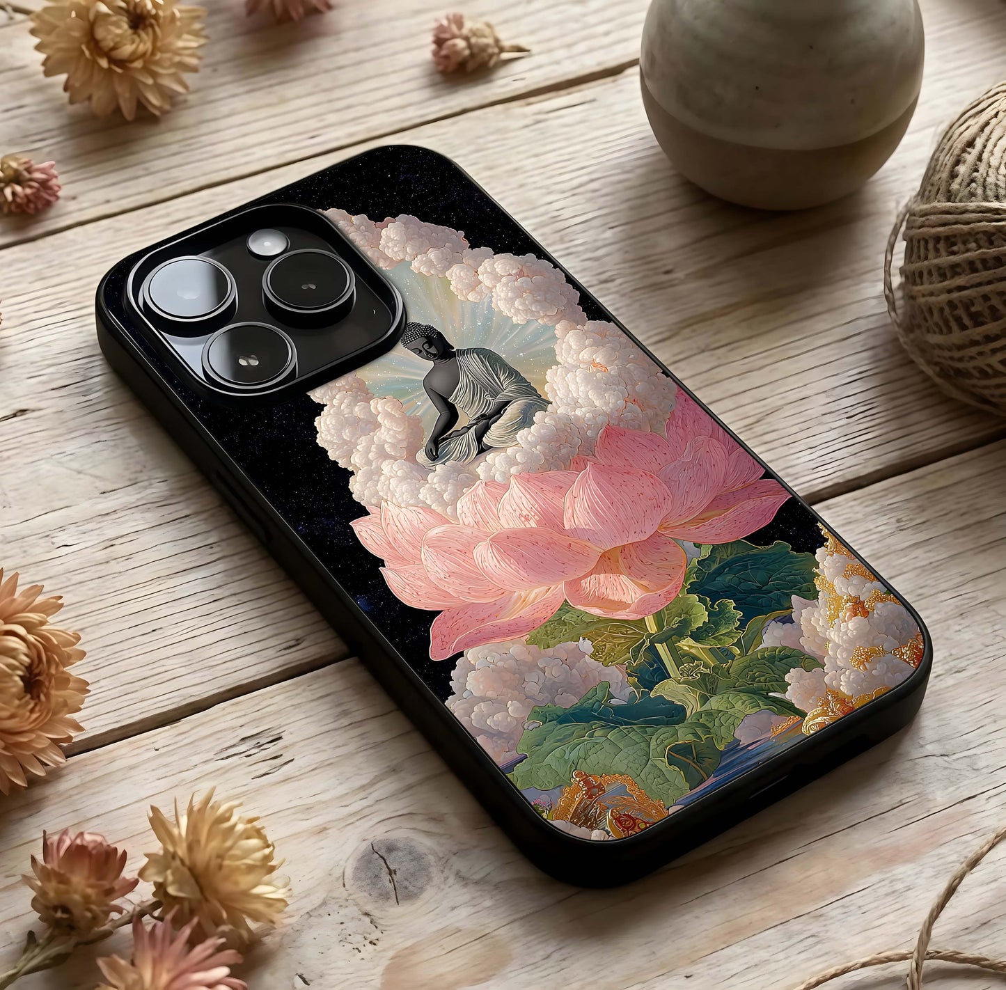 Lotus Divine Peace Glass Case photographed in natural light showing reflective finish and peaceful depth.