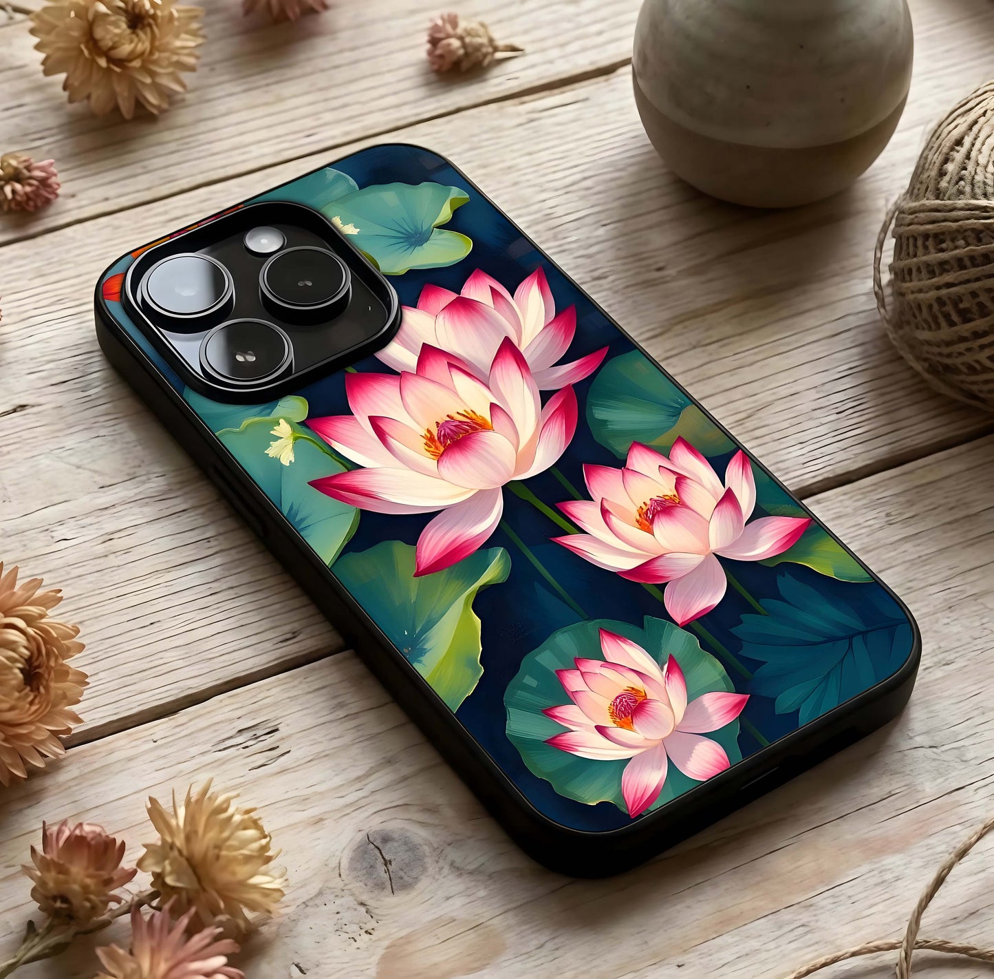 Lotus Dream Serenity Glass Case photographed in natural light showing reflective finish and serene depth.