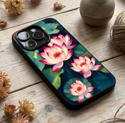 Lotus Dream Serenity Glass Case photographed in natural light showing reflective finish and serene depth.