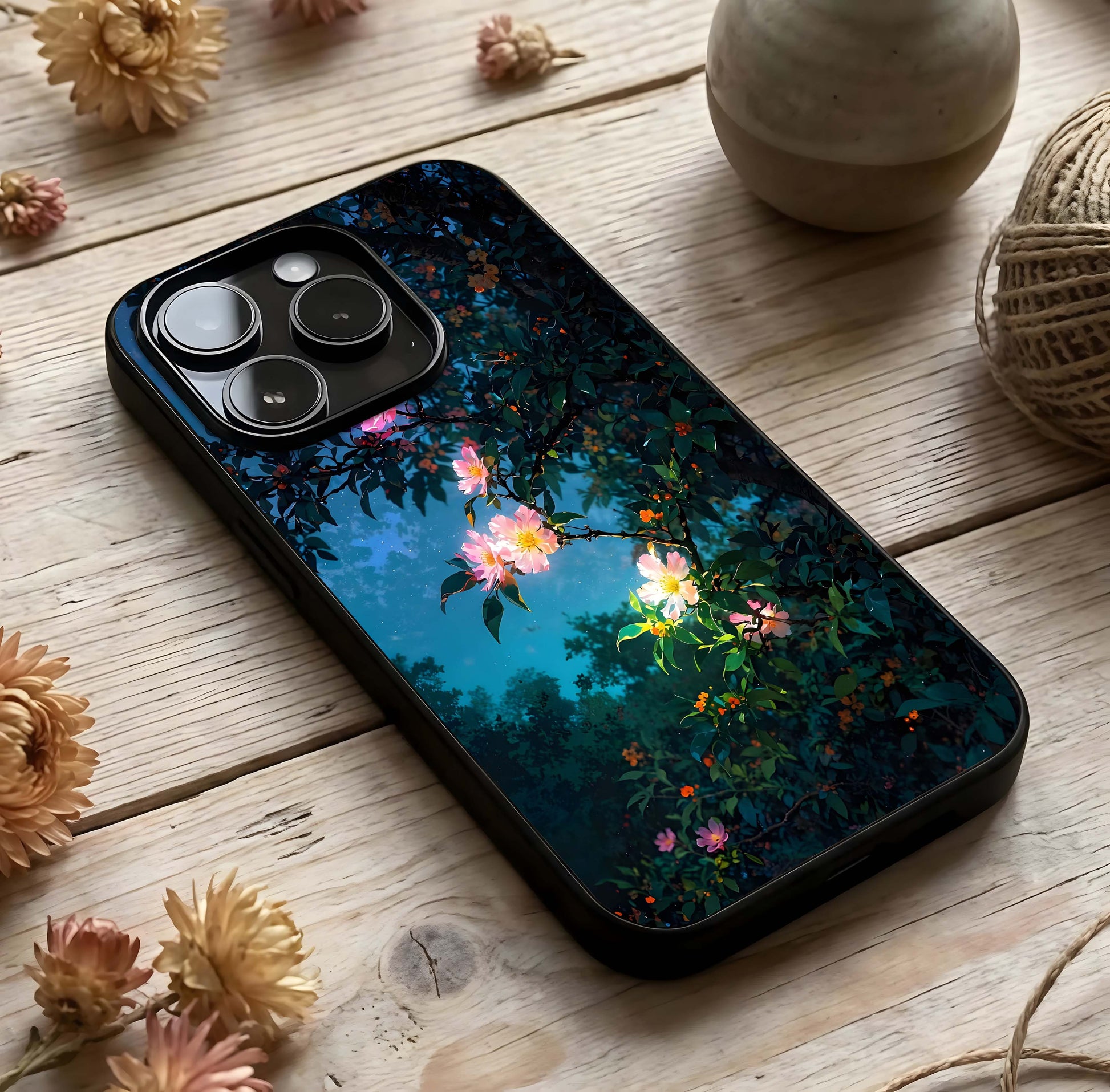 Midnight Bloom Glow Glass Case photographed in natural light showing reflective finish and deep depth.