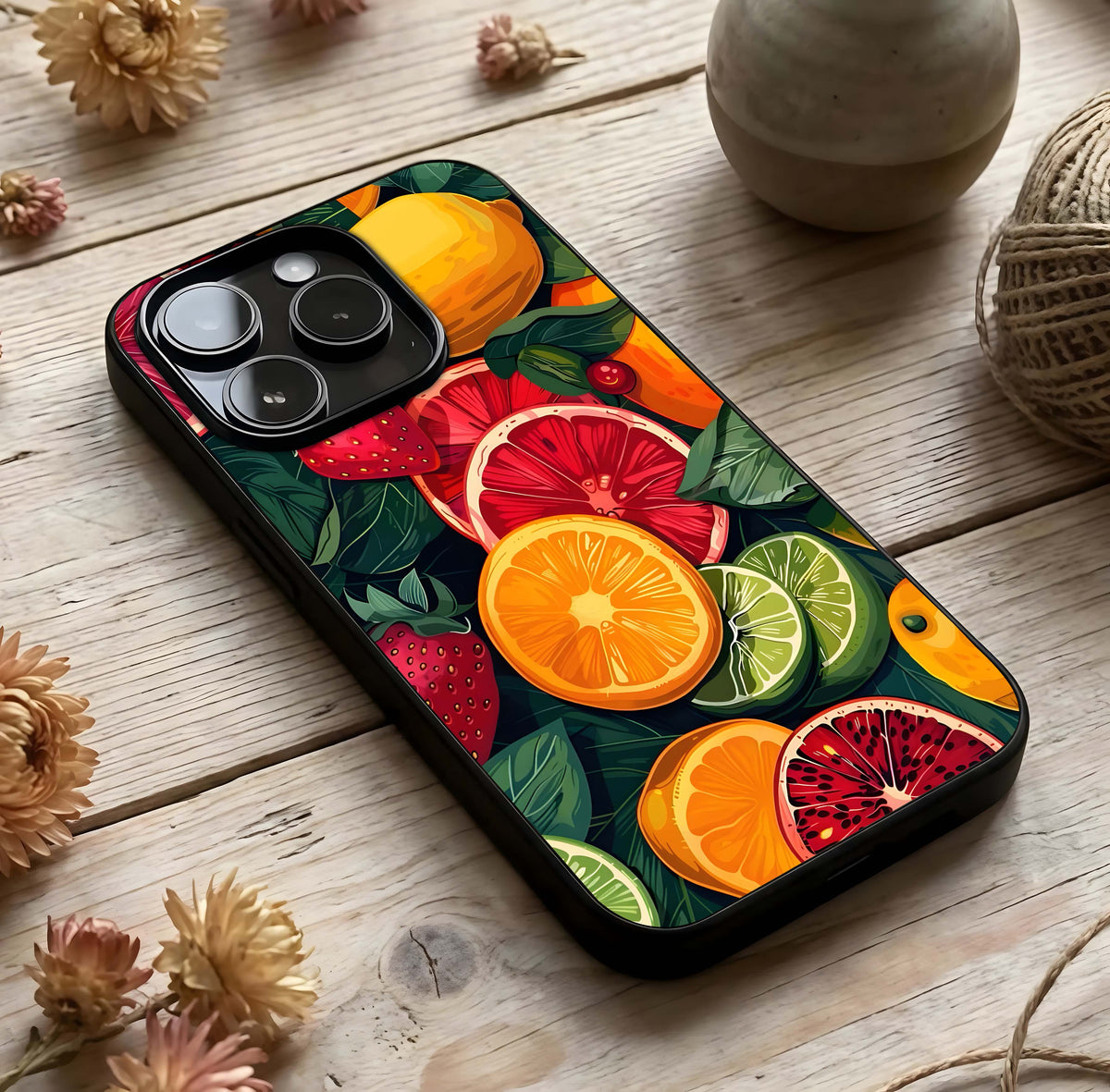 Multiple Fruits Glass Case photographed in natural light showing reflective finish and fresh depth.