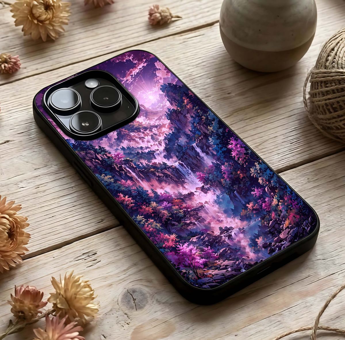 Mystic Cascade Peaks Glass Case photographed in natural light showing reflective finish and majestic depth.