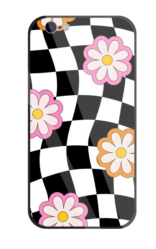 Check Pattern with flowers Glass Case For Apple iPhone 6 / 6s