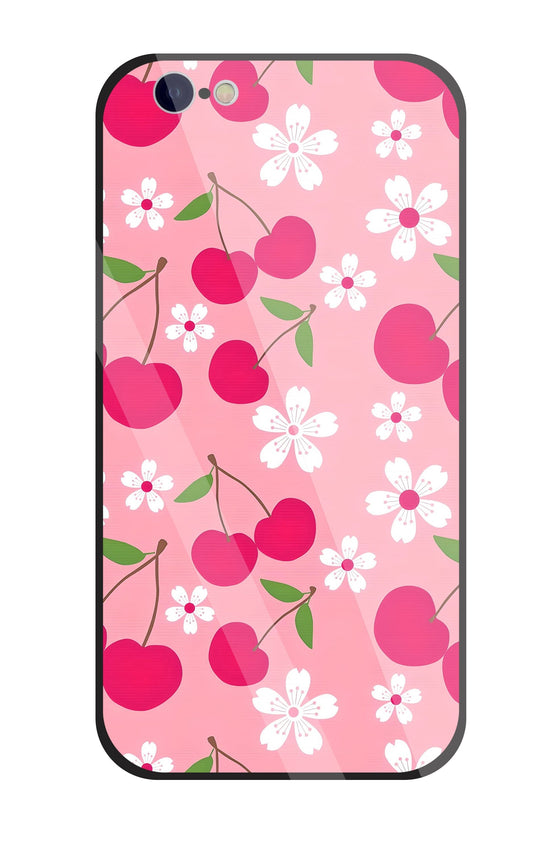 Pink Cherry With Flowers Glass Case For Apple iPhone 6 / 6s
