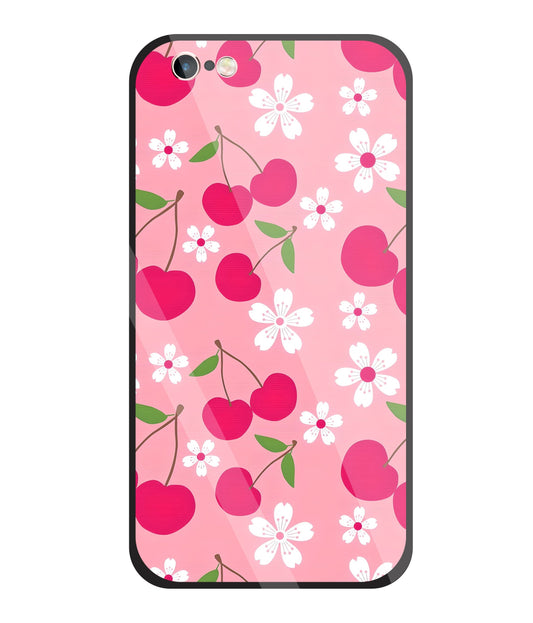 Pink Cherry With Flowers Glass Case For Apple iPhone 6 +