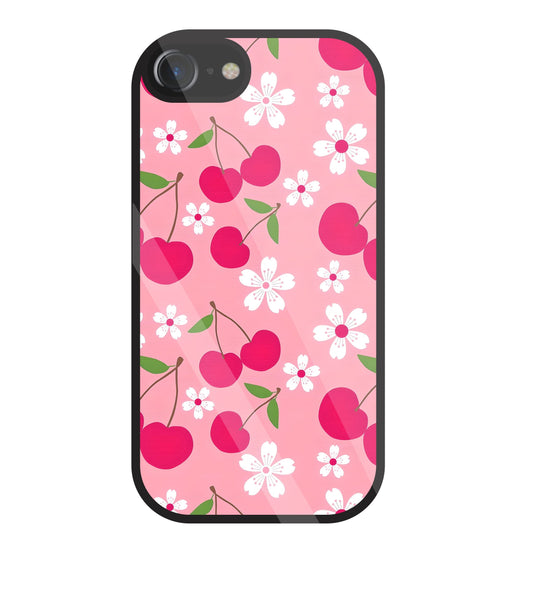 Pink Cherry With Flowers Glass Case For Apple iPhone 7