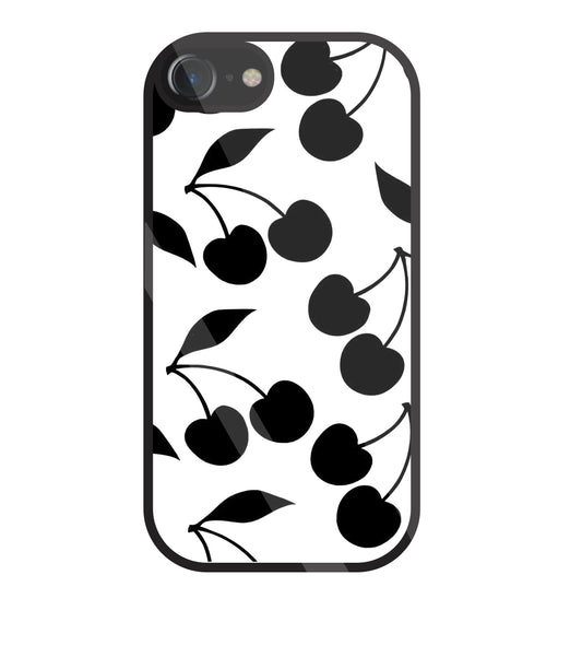 White With Black Cherry Glass Case For Apple iPhone 7
