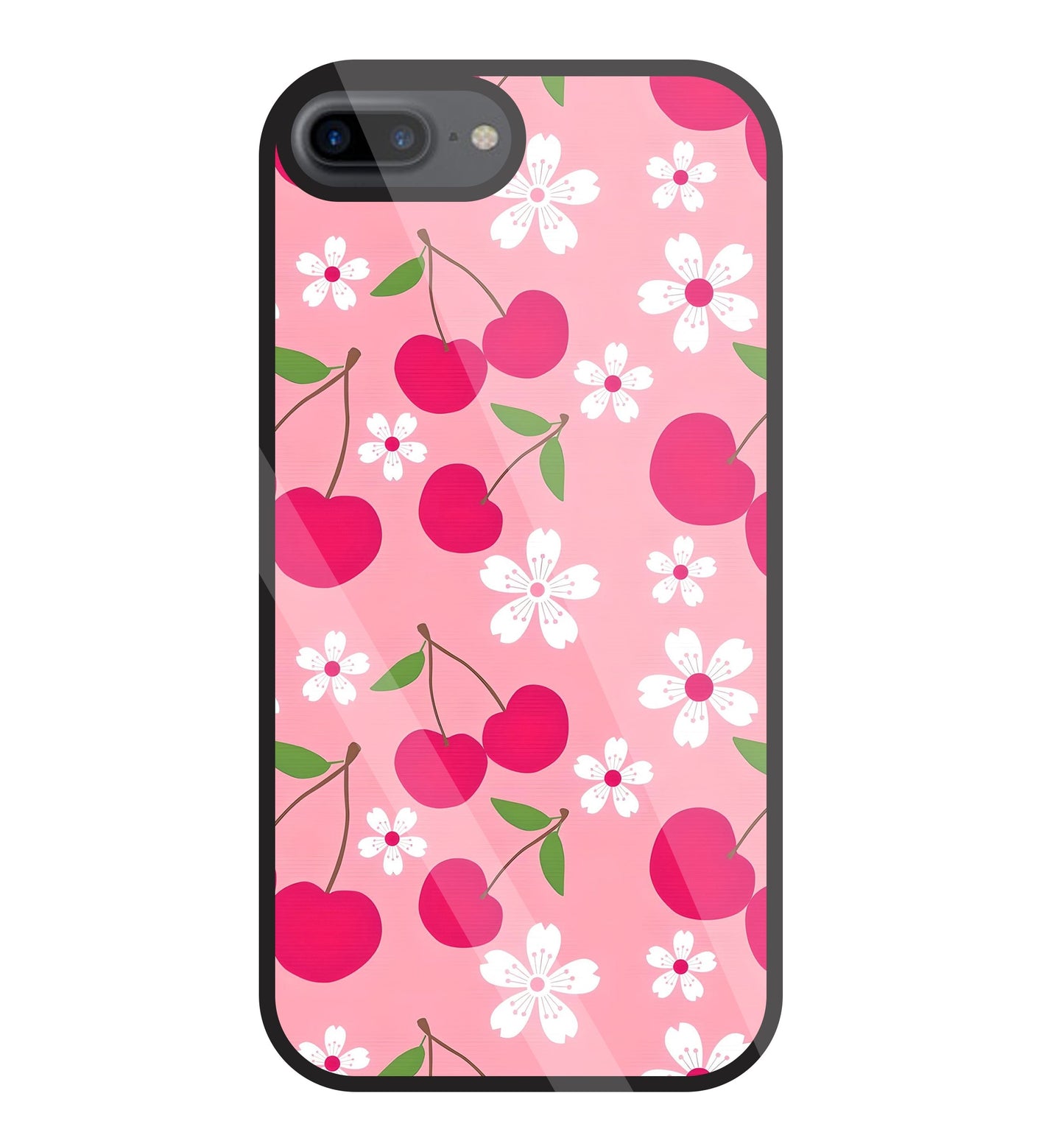 Pink Cherry With Flowers Glass Case For Apple iPhone 7 +