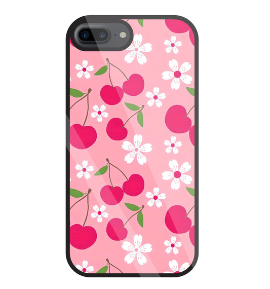 Pink Cherry With Flowers Glass Case For Apple iPhone 7 +