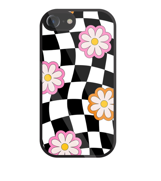 Check Pattern with flowers Glass Case For Apple iPhone 7