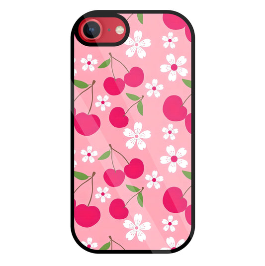 Pink Cherry With Flowers Glass Case For Apple iPhone 8