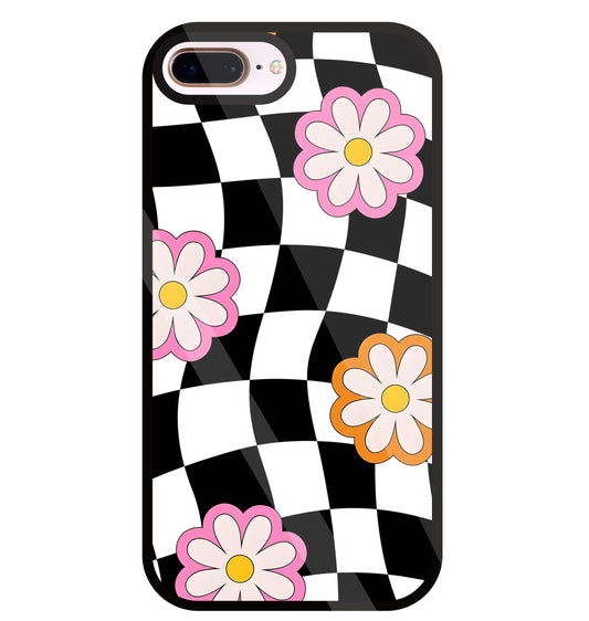 Check Pattern with flowers Glass Case For Apple iPhone 8 +