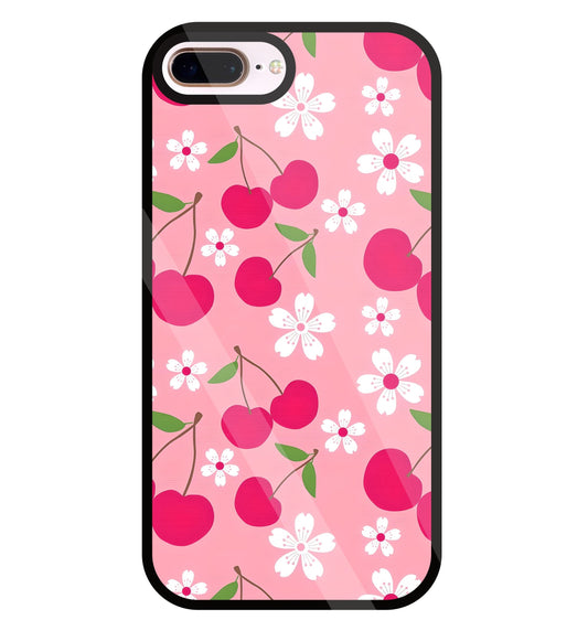 Pink Cherry With Flowers Glass Case For Apple iPhone 8 +