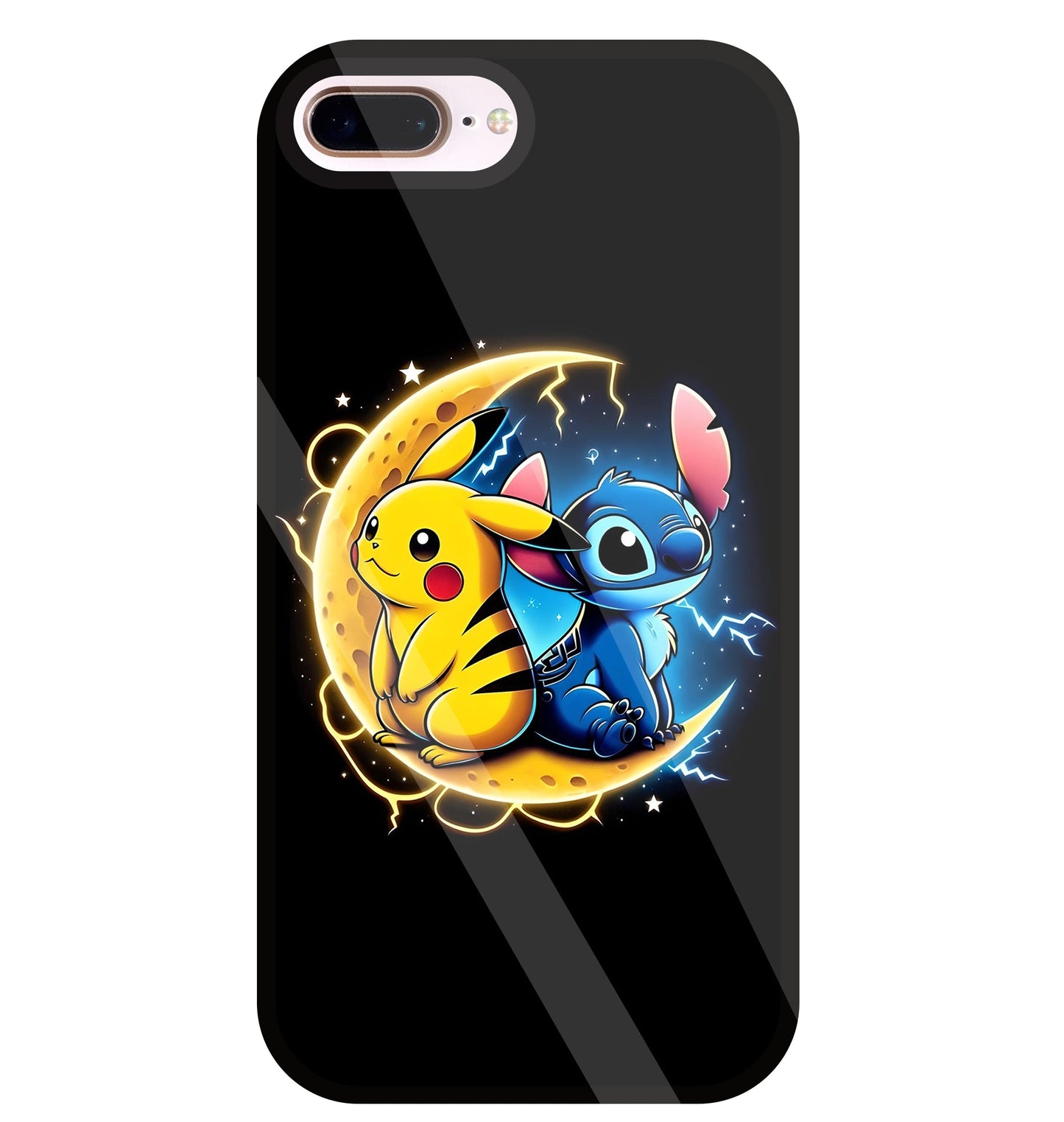 Stitch and Pikachu Moon Glass Case For Apple iPhone 8 +