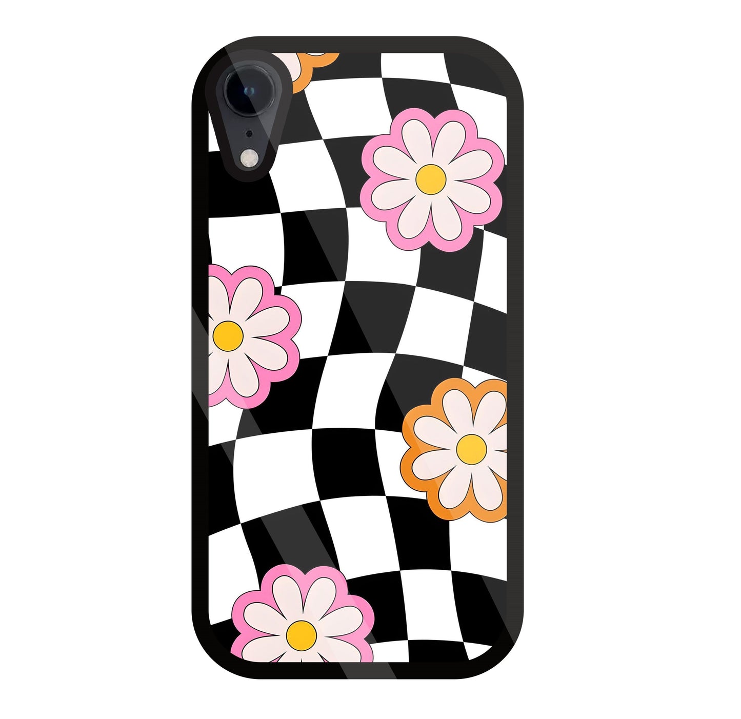 Check Pattern with flowers Glass Case For Apple iPhone Xr