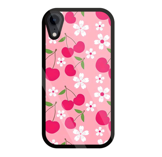 Pink Cherry With Flowers Glass Case For Apple iPhone Xr