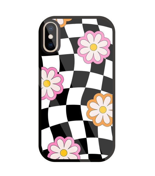 Check Pattern with flowers Glass Case For Apple iPhone Xs