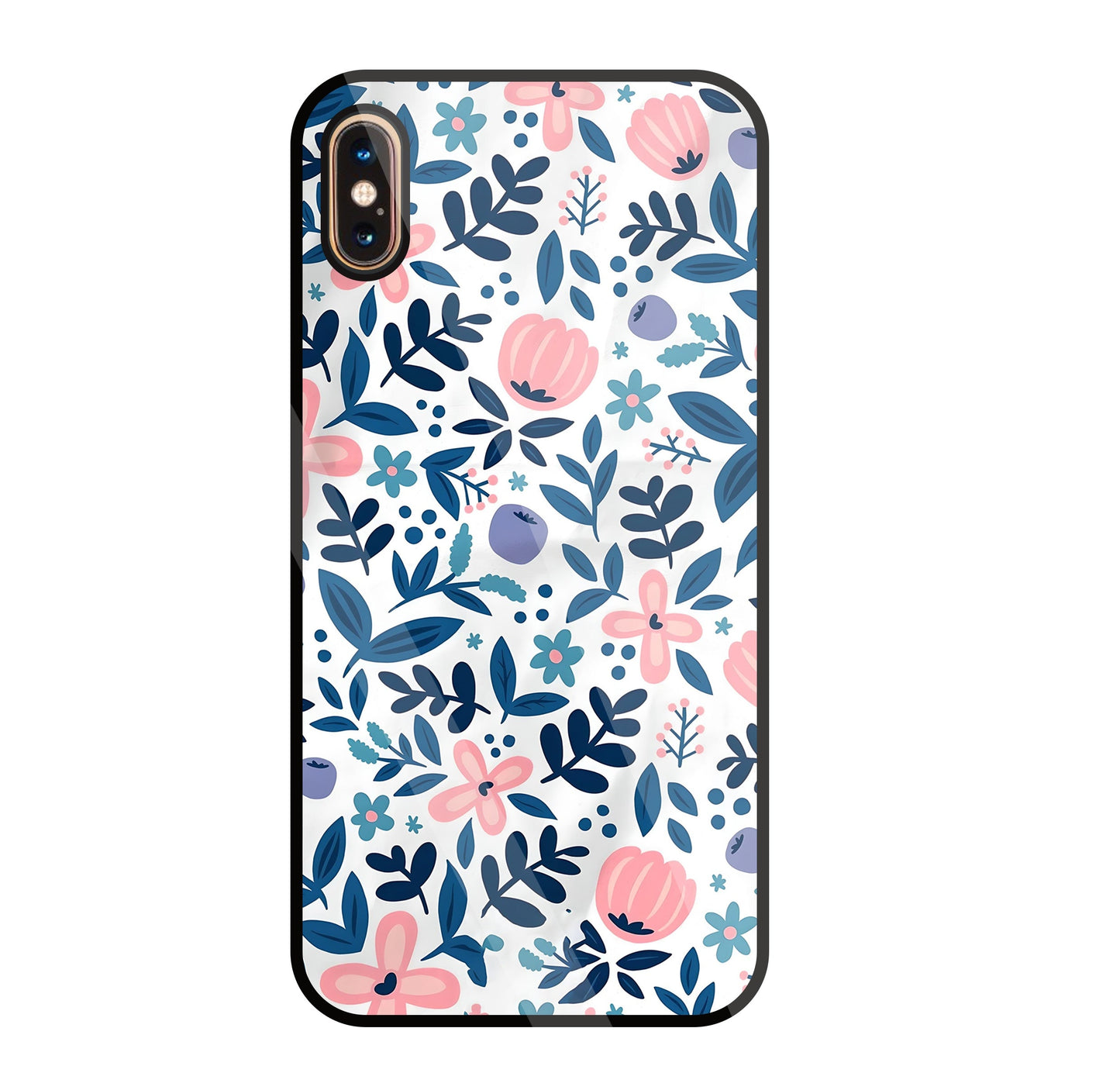 Blue- Pink Flower Pattern Glass Case For Apple iPhone Xs Max