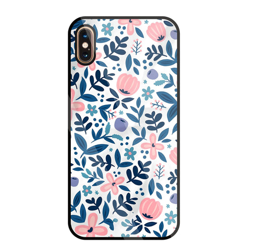 Blue- Pink Flower Pattern Glass Case For Apple iPhone Xs Max