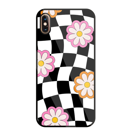 Check Pattern with flowers Glass Case For Apple iPhone Xs Max